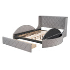 Lit plateforme capitonné Queen Size avec rangement, velours, tête de lit à oreilles et 1 grand tiroir, 2 tabourets de rangement latéraux (beige)