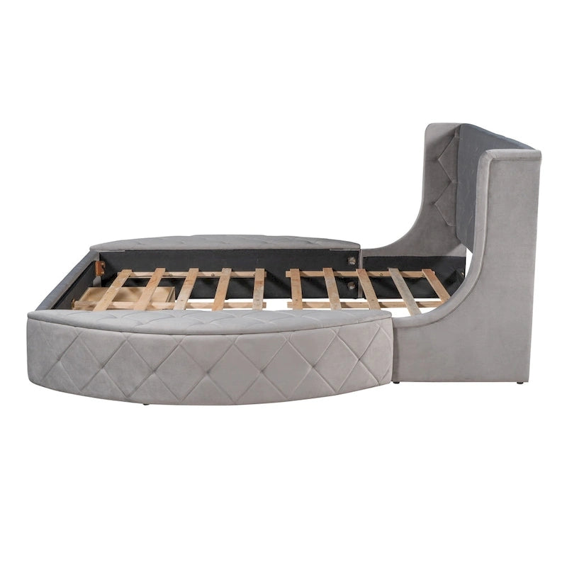 Lit plateforme capitonné Queen Size avec rangement, velours, tête de lit à oreilles et 1 grand tiroir, 2 tabourets de rangement latéraux (beige)