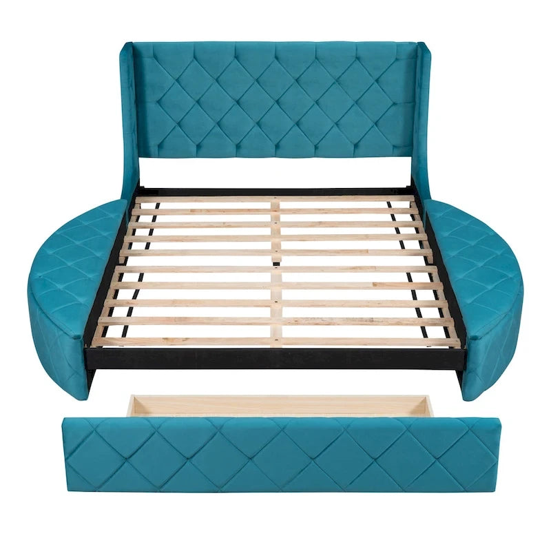 Lit plateforme capitonné Queen Size avec rangement, velours, tête de lit à oreilles et 1 grand tiroir, 2 tabourets de rangement latéraux (beige)