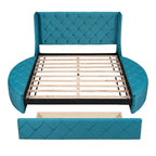Lit plateforme capitonné Queen Size avec rangement, velours, tête de lit à oreilles et 1 grand tiroir, 2 tabourets de rangement latéraux (beige)