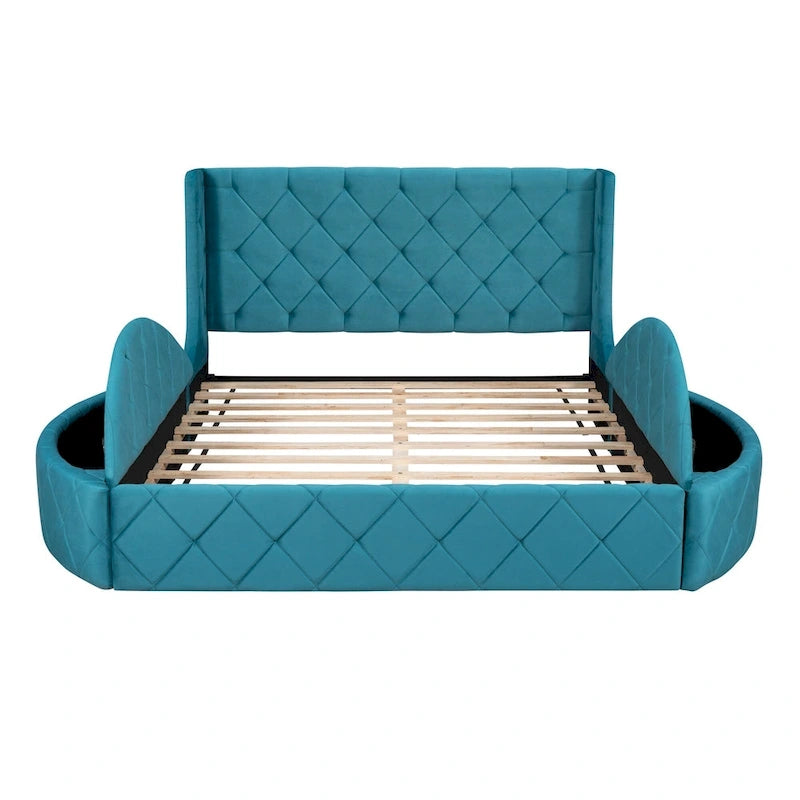 Lit plateforme capitonné Queen Size avec rangement, velours, tête de lit à oreilles et 1 grand tiroir, 2 tabourets de rangement latéraux (beige)