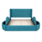 Lit plateforme capitonné Queen Size avec rangement, velours, tête de lit à oreilles et 1 grand tiroir, 2 tabourets de rangement latéraux (beige)