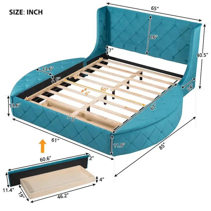 Lit plateforme capitonné Queen Size avec rangement, velours, tête de lit à oreilles et 1 grand tiroir, 2 tabourets de rangement latéraux (beige)