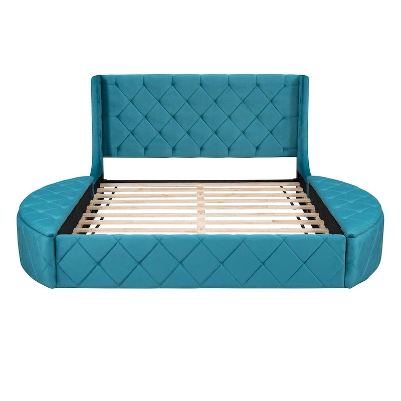 Lit plateforme capitonné Queen Size avec rangement, velours, tête de lit à oreilles et 1 grand tiroir, 2 tabourets de rangement latéraux (beige)