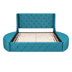 Lit plateforme capitonné Queen Size avec rangement, velours, tête de lit à oreilles et 1 grand tiroir, 2 tabourets de rangement latéraux (beige)
