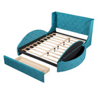 Lit plateforme capitonné Queen Size avec rangement, velours, tête de lit à oreilles et 1 grand tiroir, 2 tabourets de rangement latéraux (beige)