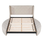 Lit plateforme capitonné Queen Size avec rangement, velours, tête de lit à oreilles et 1 grand tiroir, 2 tabourets de rangement latéraux (beige)