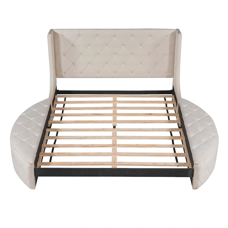 Lit plateforme capitonné Queen Size avec rangement, velours, tête de lit à oreilles et 1 grand tiroir, 2 tabourets de rangement latéraux (beige)