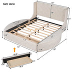 Lit plateforme capitonné Queen Size avec rangement, velours, tête de lit à oreilles et 1 grand tiroir, 2 tabourets de rangement latéraux (beige)