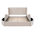 Lit plateforme capitonné Queen Size avec rangement, velours, tête de lit à oreilles et 1 grand tiroir, 2 tabourets de rangement latéraux (beige)