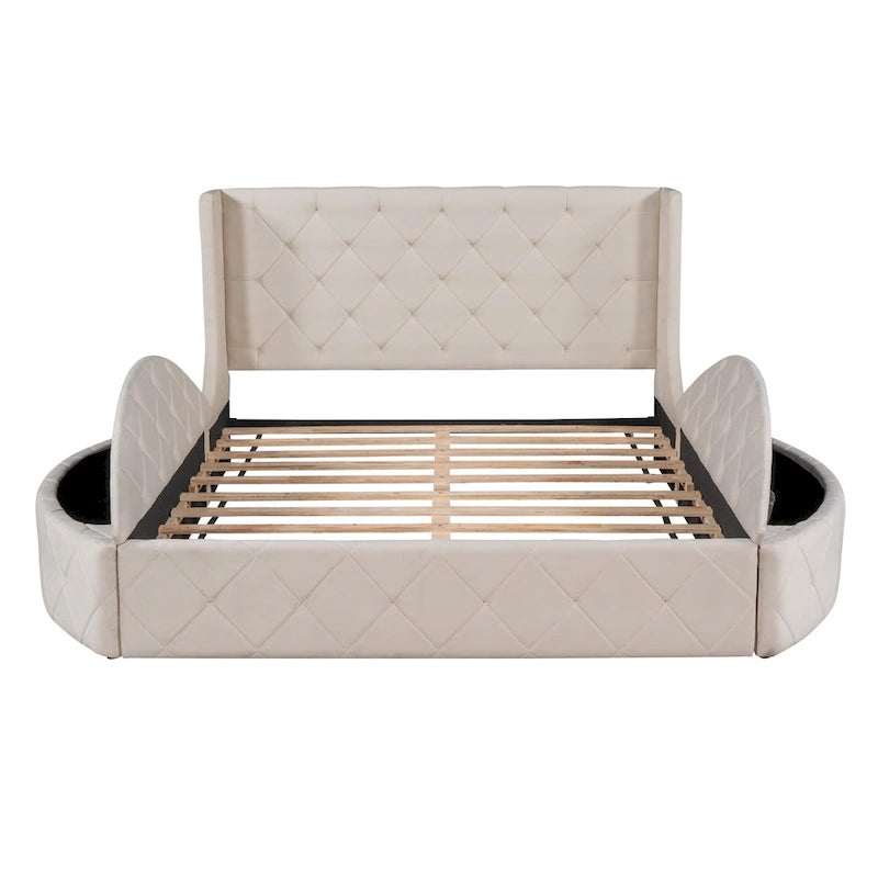 Lit plateforme capitonné Queen Size avec rangement, velours, tête de lit à oreilles et 1 grand tiroir, 2 tabourets de rangement latéraux (beige)