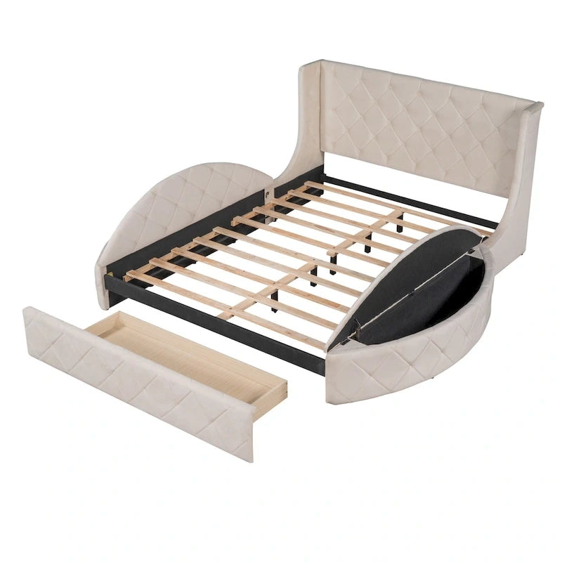 Lit plateforme capitonné Queen Size avec rangement, velours, tête de lit à oreilles et 1 grand tiroir, 2 tabourets de rangement latéraux (beige)