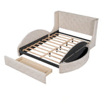 Lit plateforme capitonné Queen Size avec rangement, velours, tête de lit à oreilles et 1 grand tiroir, 2 tabourets de rangement latéraux (beige)