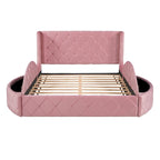 Lit plateforme capitonné Queen Size avec rangement, velours, tête de lit à oreilles et 1 grand tiroir, 2 tabourets de rangement latéraux (beige)
