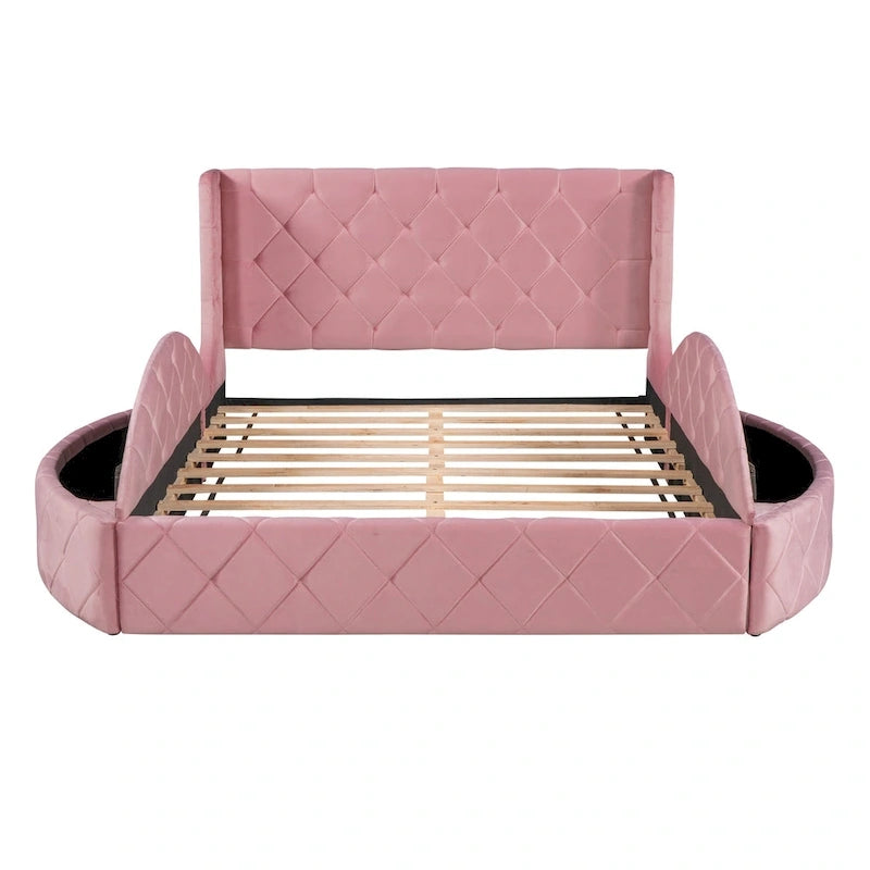 Lit plateforme capitonné Queen Size avec rangement, velours, tête de lit à oreilles et 1 grand tiroir, 2 tabourets de rangement latéraux (beige)