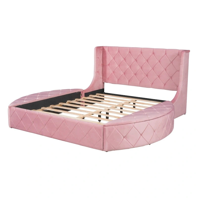 Lit plateforme capitonné Queen Size avec rangement, velours, tête de lit à oreilles et 1 grand tiroir, 2 tabourets de rangement latéraux (beige)