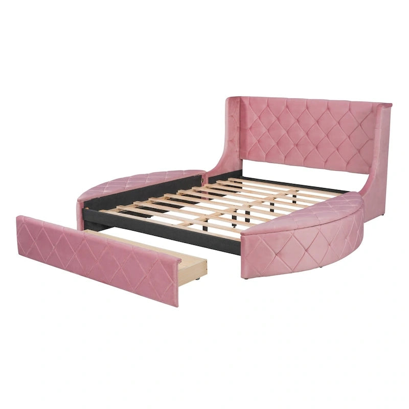 Lit plateforme capitonné Queen Size avec rangement, velours, tête de lit à oreilles et 1 grand tiroir, 2 tabourets de rangement latéraux (beige)