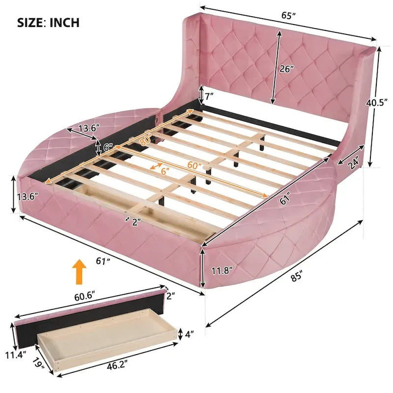 Lit plateforme capitonné Queen Size avec rangement, velours, tête de lit à oreilles et 1 grand tiroir, 2 tabourets de rangement latéraux (beige)