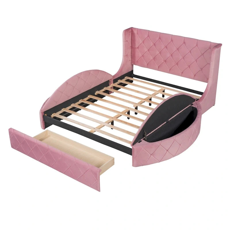 Lit plateforme capitonné Queen Size avec rangement, velours, tête de lit à oreilles et 1 grand tiroir, 2 tabourets de rangement latéraux (beige)