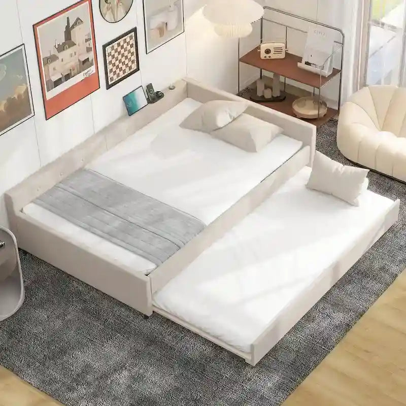 Full Upholstered Platform Bed with USB and Trundle