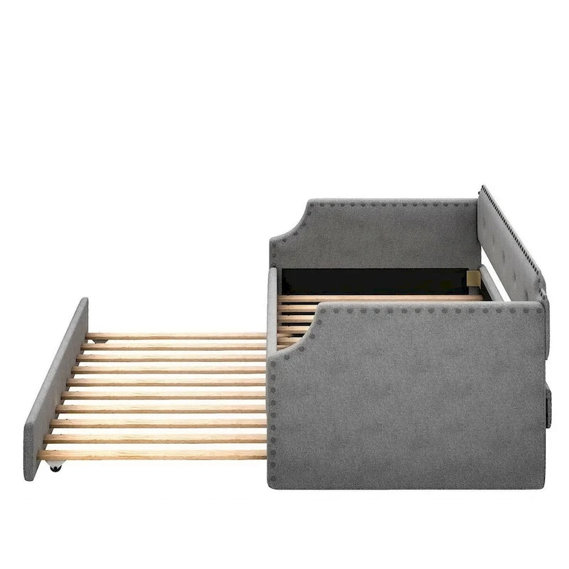 Lit de repos rembourré avec lit gigogne, support à lattes en bois, cadre rembourré, lit simple