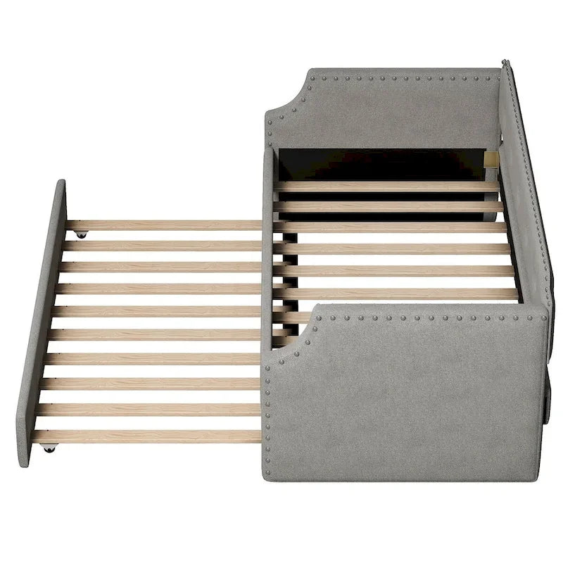 Lit de repos rembourré avec lit gigogne, support à lattes en bois, cadre rembourré, lit simple