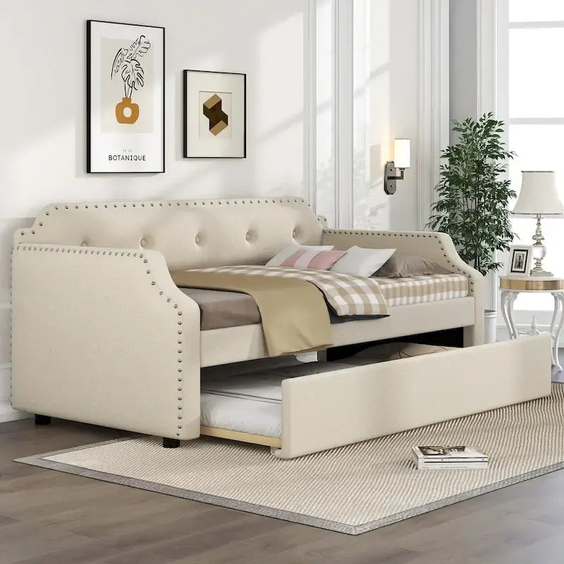 Lit de repos rembourré avec lit gigogne, support à lattes en bois, cadre rembourré, lit simple