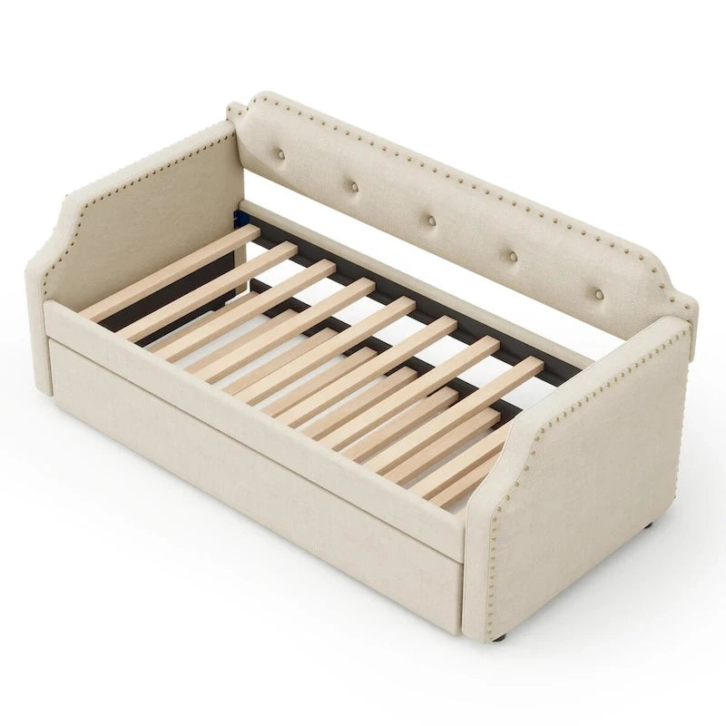 Lit de repos rembourré avec lit gigogne, support à lattes en bois, cadre rembourré, lit simple