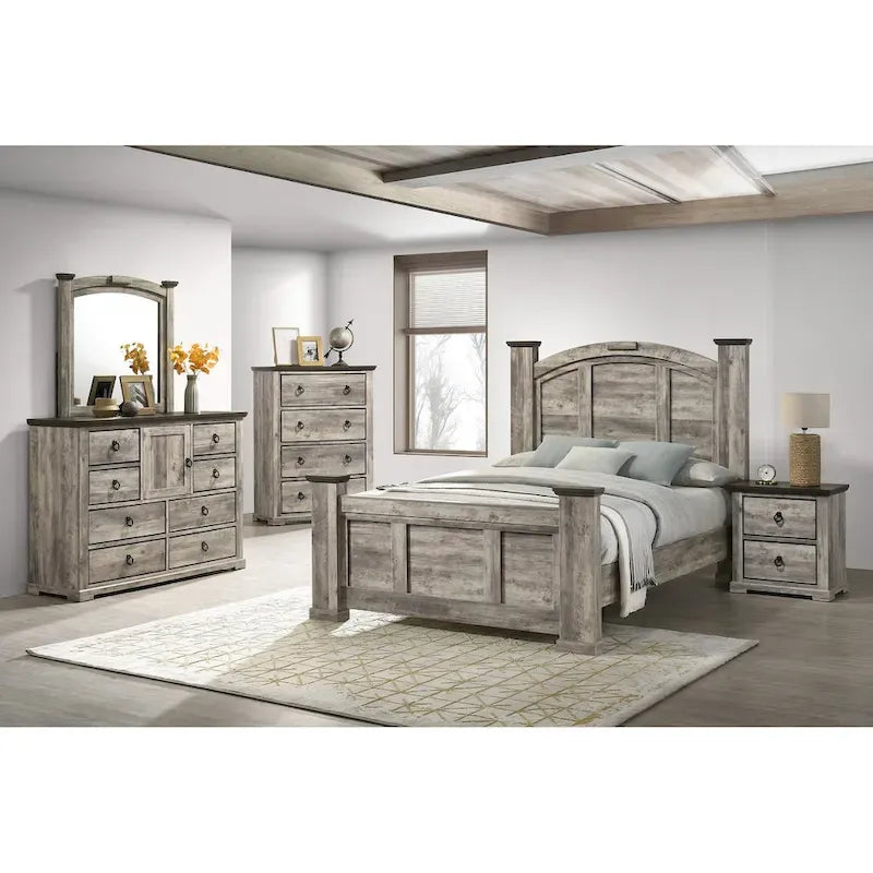 Aimon 4 Piece Gray Rustic Panel Bedroom Set