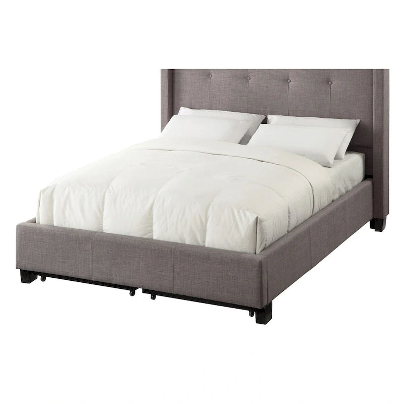 Adams Low Profile Queen Bed, Tufted Linen, Wide Storage, Gray