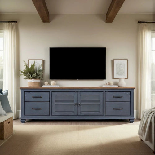 Bridgevine Home Americana 84 in TV Stand for TVs up to 90 inches, No Assembly Required, Corduroy Blue Finish