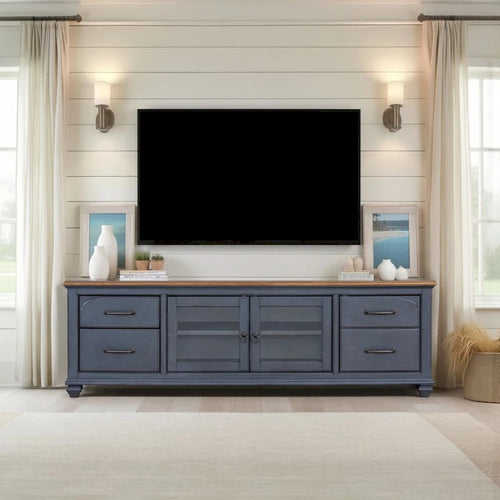 Meuble TV Americana 84 pour téléviseurs jusqu'à 90 pouces, aucun assemblage requis, finition bleu velours côtelé