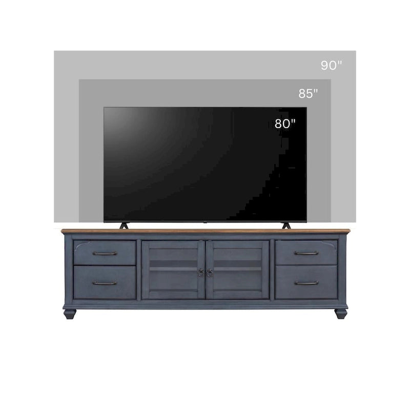 Meuble TV Americana 84 pour téléviseurs jusqu'à 90 pouces, aucun assemblage requis, finition bleu velours côtelé