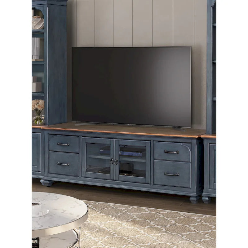 Meuble TV Americana 84 pour téléviseurs jusqu'à 90 pouces, aucun assemblage requis, finition bleu velours côtelé