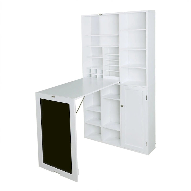 Table de bureau pliable avec grand meuble de rangement et étagères inférieures, bureau d'ordinateur, blanc