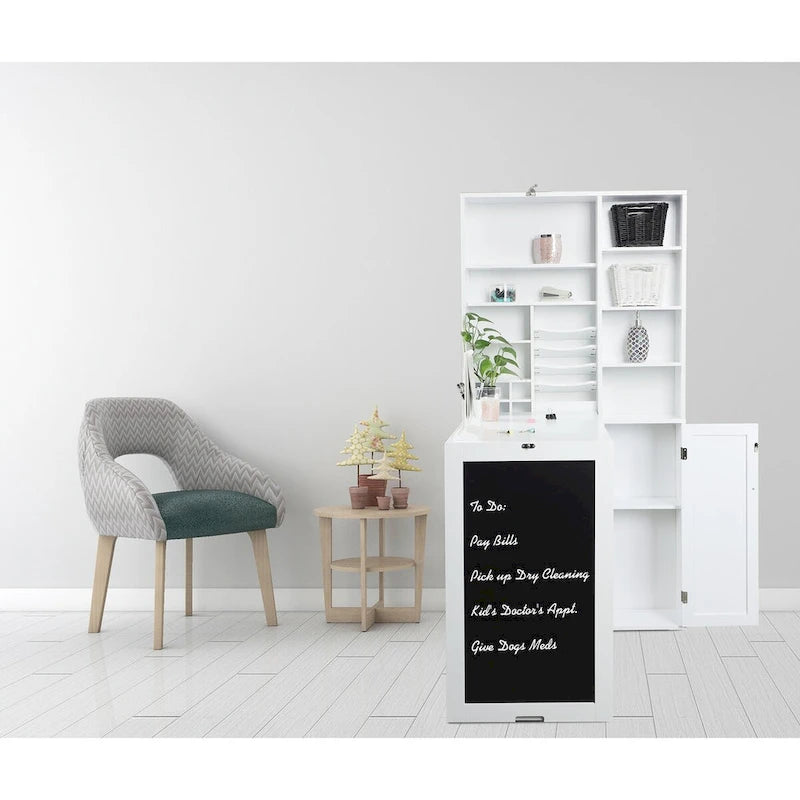 Table de bureau pliable avec grand meuble de rangement et étagères inférieures, bureau d'ordinateur, blanc