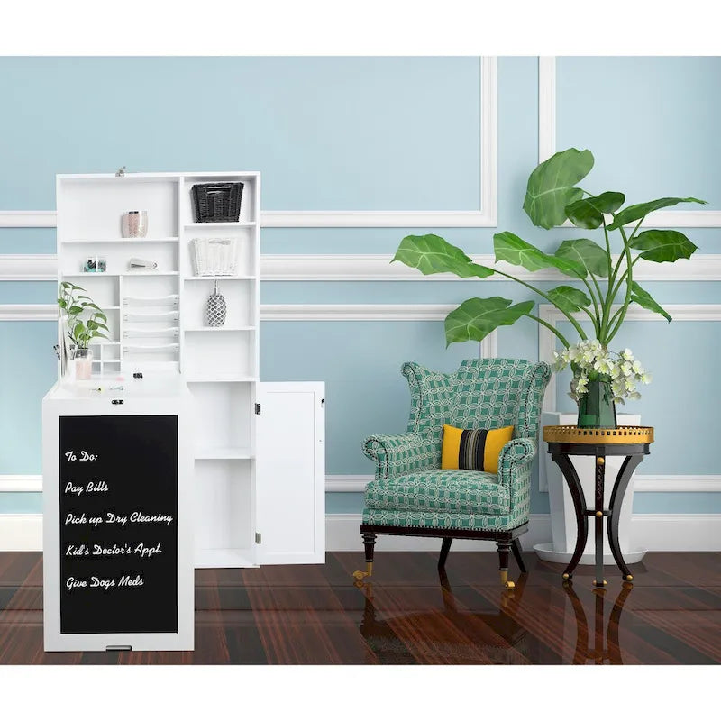 Table de bureau pliable avec grand meuble de rangement et étagères inférieures, bureau d'ordinateur, blanc