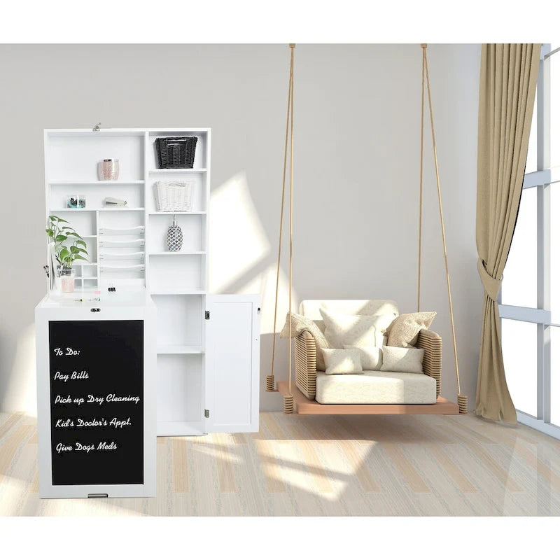 Table de bureau pliable avec grand meuble de rangement et étagères inférieures, bureau d'ordinateur, blanc