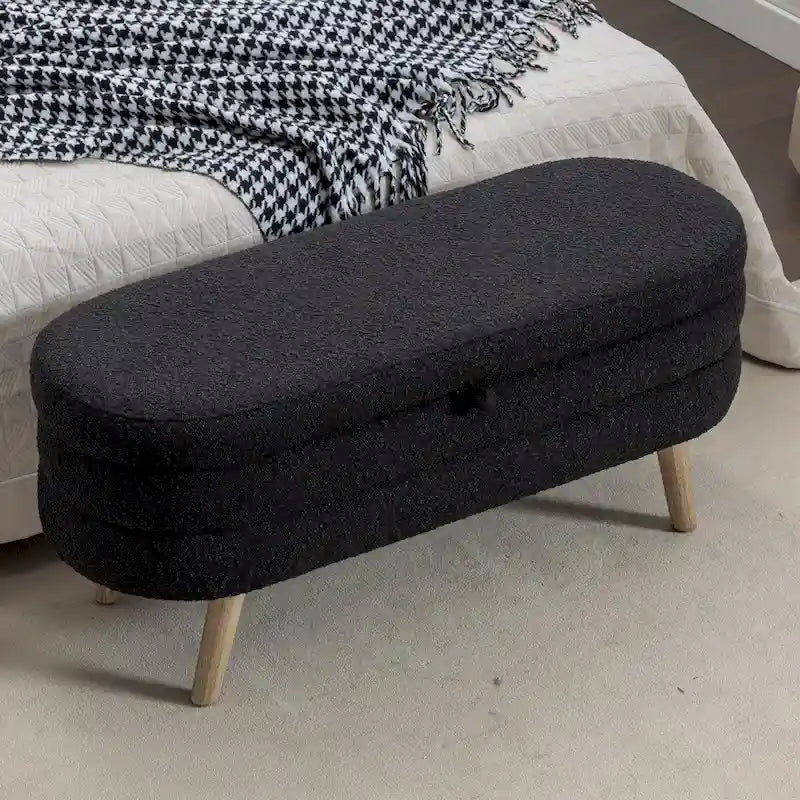 Banc de rangement en tissu bouclé avec pieds en bois pour salon, chambre, intérieur, noir