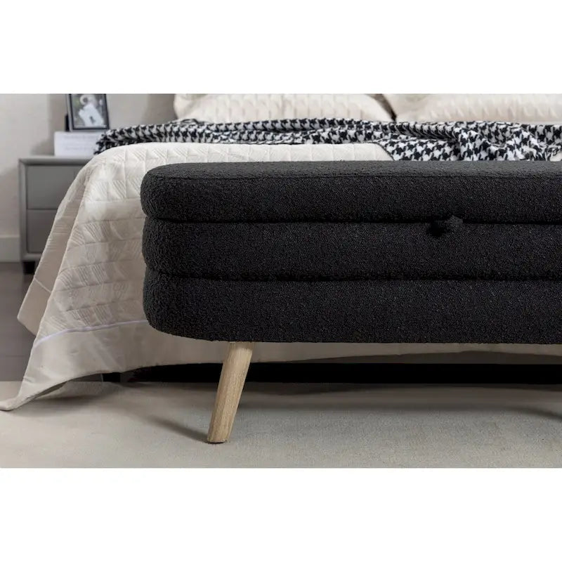 Banc de rangement en tissu bouclé avec pieds en bois pour salon, chambre, intérieur, noir