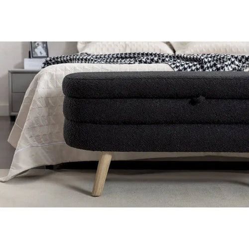 Banc de rangement en tissu bouclé avec pieds en bois pour salon, chambre, intérieur, noir