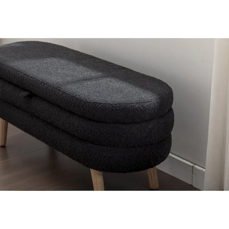 Banc de rangement en tissu bouclé avec pieds en bois pour salon, chambre, intérieur, noir