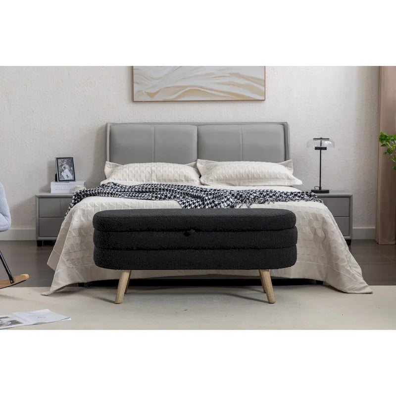 Banc de rangement en tissu bouclé avec pieds en bois pour salon, chambre, intérieur, noir