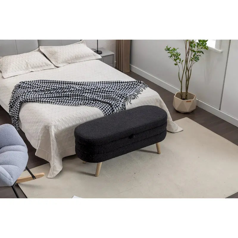 Banc de rangement en tissu bouclé avec pieds en bois pour salon, chambre, intérieur, noir