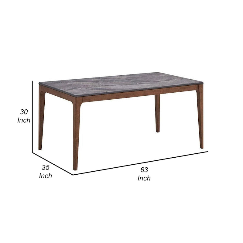 Table à manger Evis 63 pouces, plateau en similicuir grain marbre, bois brun noyer