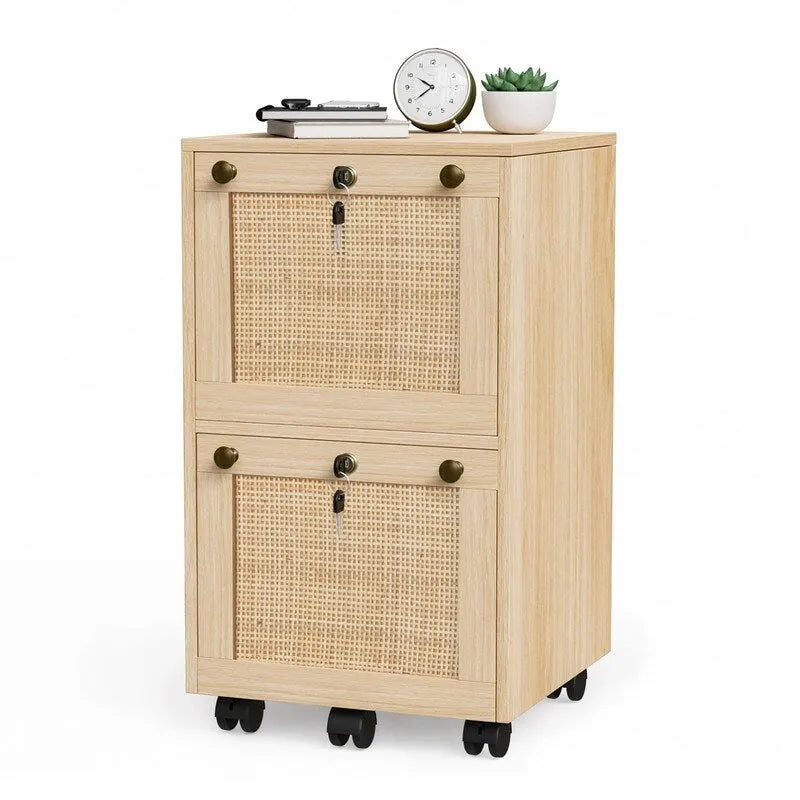 Caisson de rangement mobile en bois et rotin à 2 tiroirs avec serrure