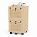 Caisson de rangement mobile en bois et rotin à 2 tiroirs avec serrure