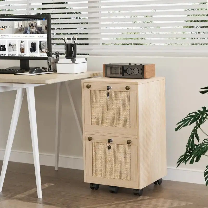 Caisson de rangement mobile en bois et rotin à 2 tiroirs avec serrure
