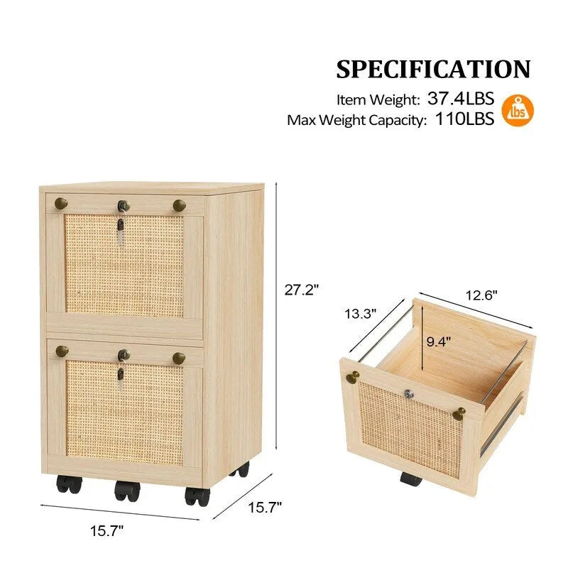 Caisson de rangement mobile en bois et rotin à 2 tiroirs avec serrure
