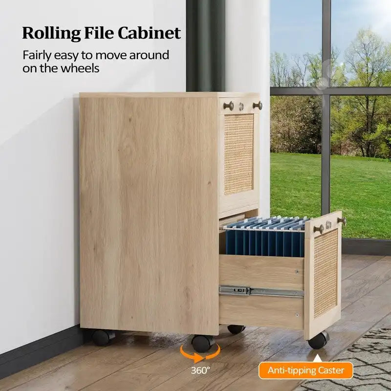 Caisson de rangement mobile en bois et rotin à 2 tiroirs avec serrure